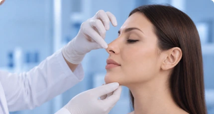Evaluación del perfil nasal de una paciente en consulta de cirugía facial
